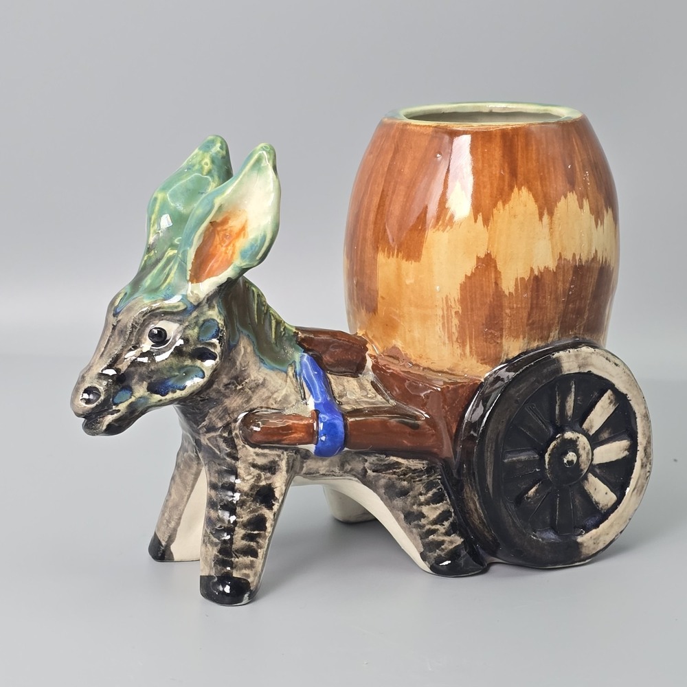 Vintage Occupied Japan Donkey Cart Planter Ceramic Burro Wagon Planter Figurine - Picture 2 of 11